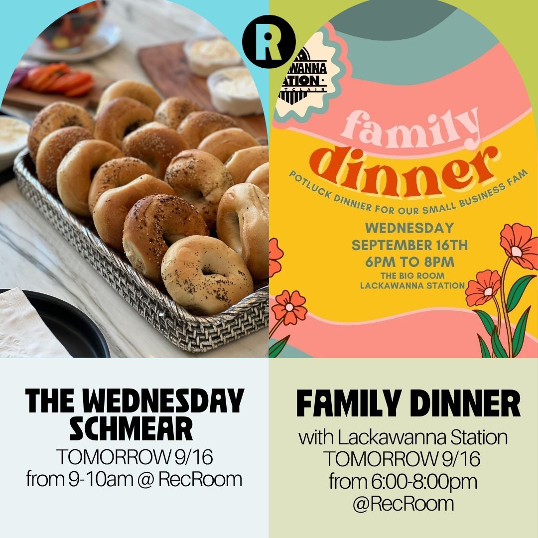 Two events, two ways to eat! 🍽️

🥯 The Wednesday Schmear, our standing RecRoom appointment from 9-10am! 

Open to RecRoom members + anyone coworking that day. Get free bagels, coffee, and whatever level of human interaction you'd like! 

🥘 Family 