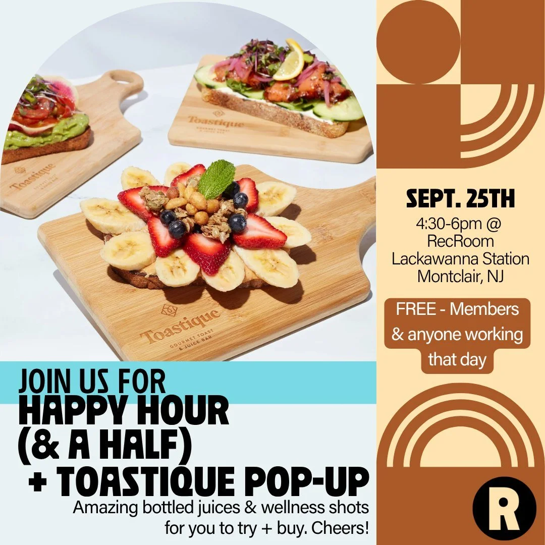 TOMORROW join us at RecRoom for a special edition of Happy Hour (&amp; a Half) with a pop-up from Toastique! 

Sip amazing bottled juices &amp; wellness shots as we cheers to the freakin&rsquo; weekend. 🍻 
Try + buy for 10% off! 

🎟️ Free for membe