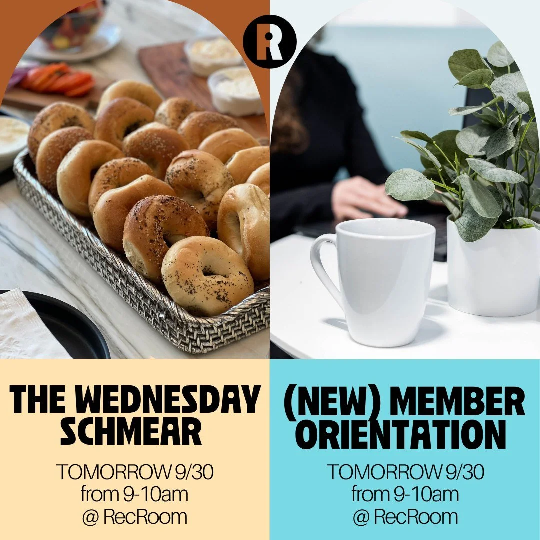 Start your day at RecRoom by grabbing a delicious bagel at The Schmear,  then head to the conference room for how you can get the most out of your RecRoom membership! 

You&rsquo;ll leave with:

👍 Best practices to make the most of your membership
?