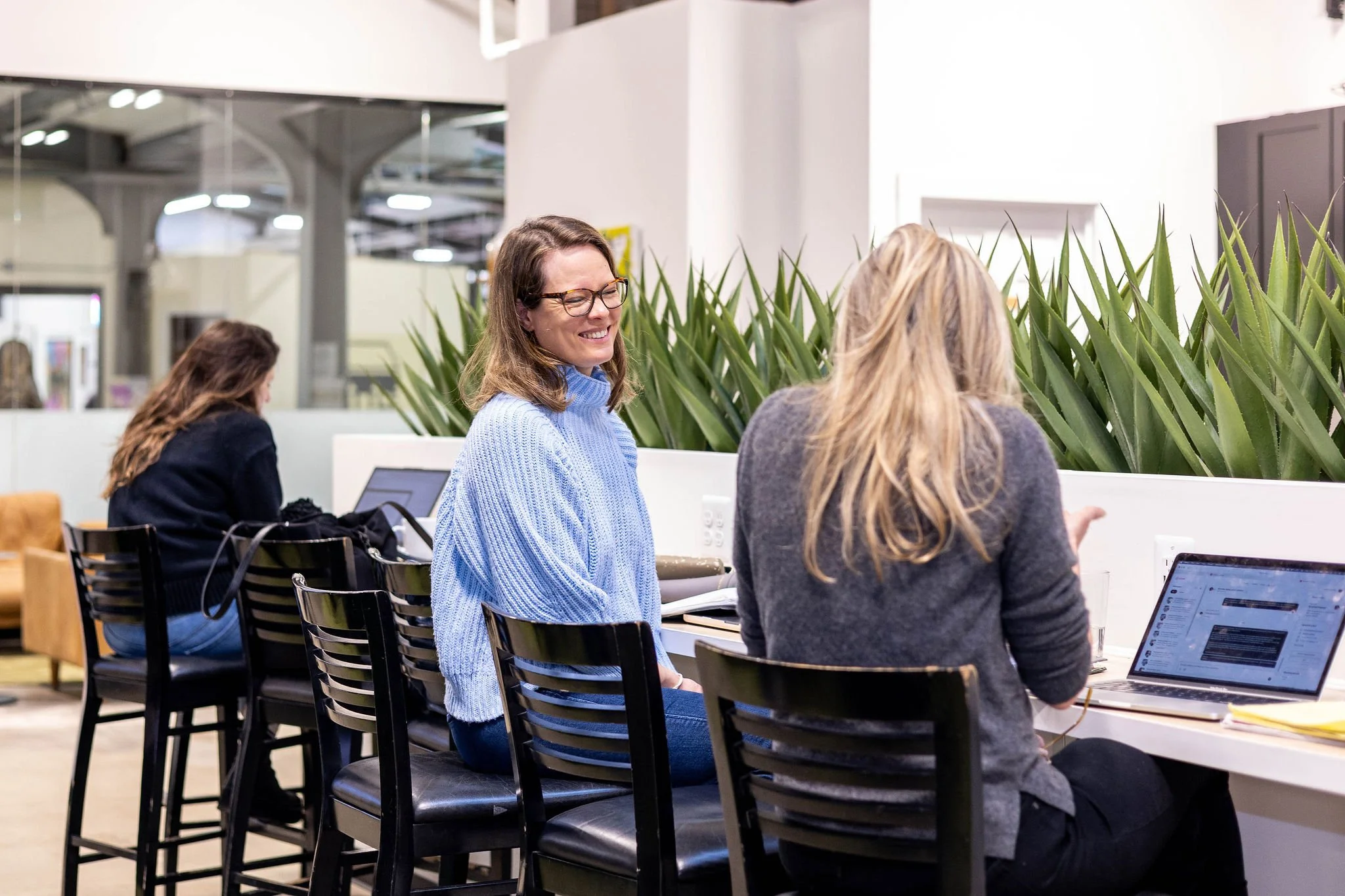 Three women sitting at a long table in a modern indoor space with plants, working on laptops. One woman is smiling and looking at another woman, who's pointing at her laptop screen, while the third woman is focused on her work in the background.