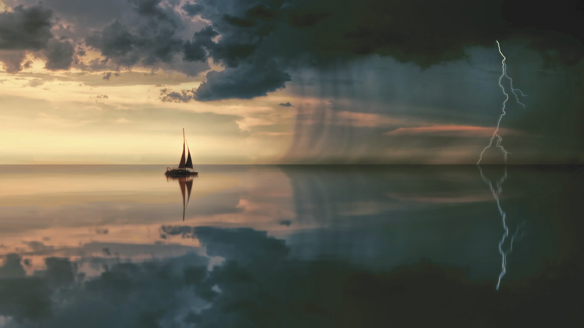 A sailboat at sea amidst a heavy thunderstorm.