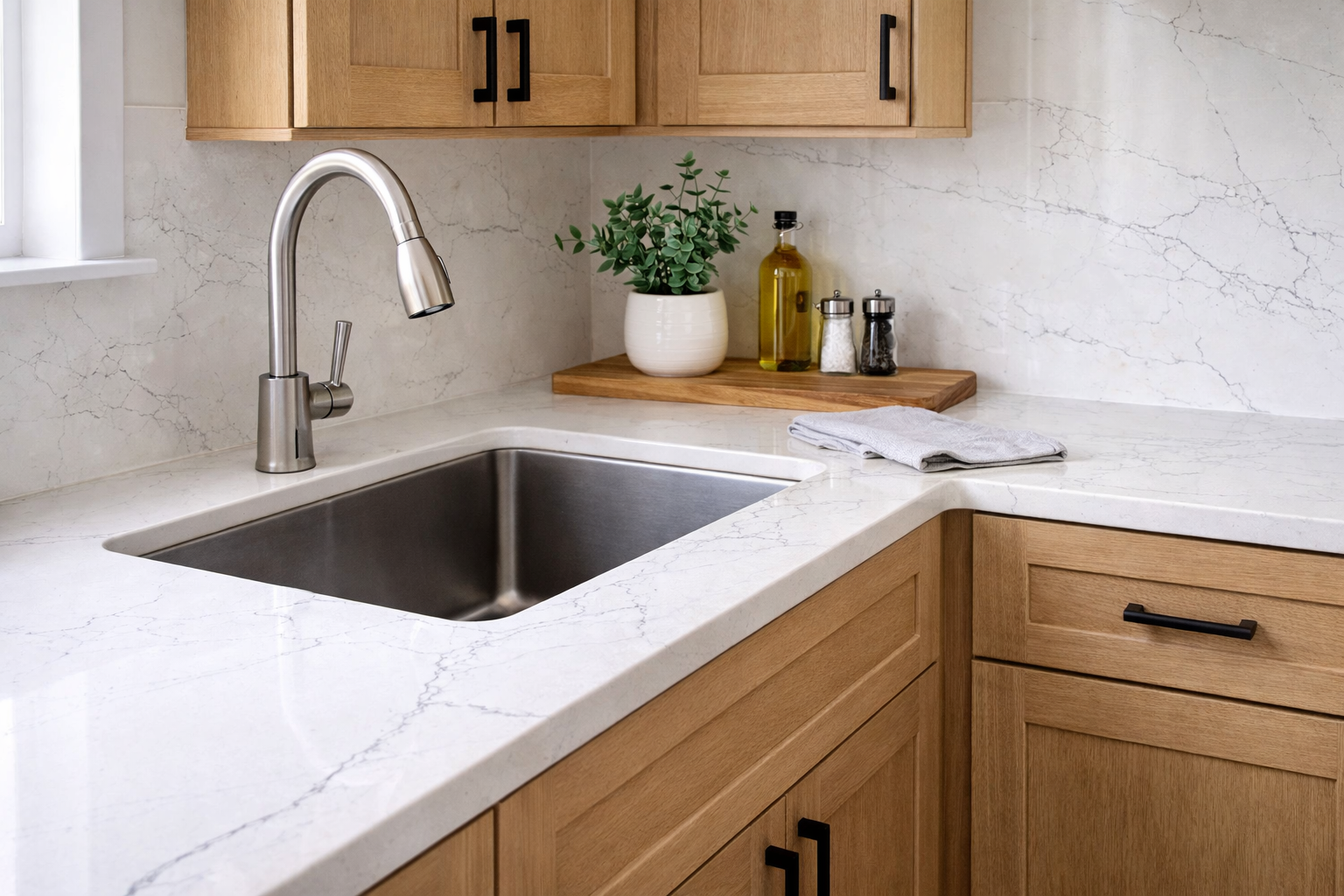 Porcelain countertops offer a modern look with high durability, heat resistance, and low maintenance