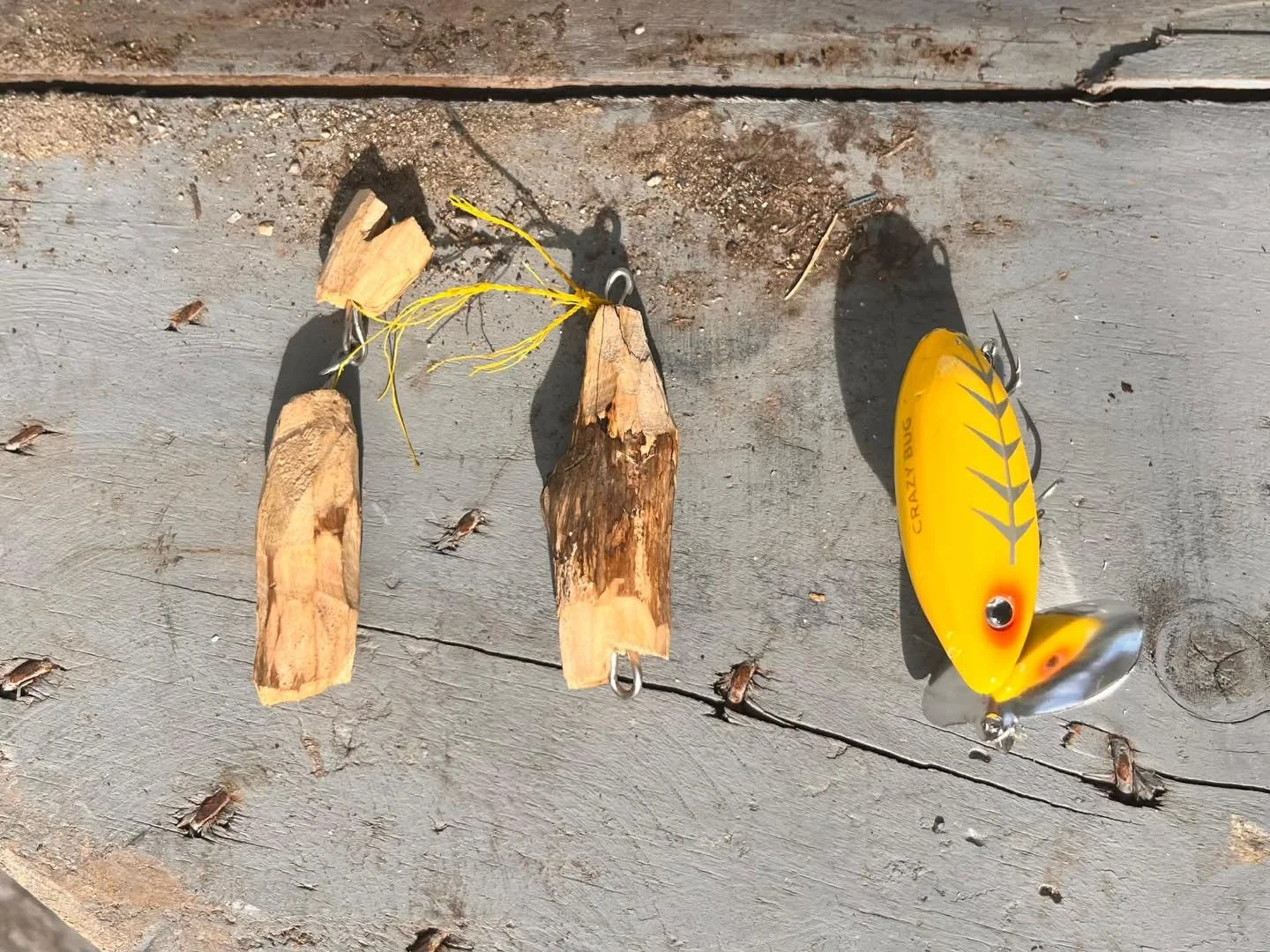 ◎ ルアーづくり

畑での活動中、いつものように追いかけっこやチャンバラをしていた子どもたちが、ふと道端で足を止めました。
「針金ひろった！これでルアーつくれるんじゃない？」
そんなひと言から、思いがけず&ldquo;ルアーづくり&rdquo;が始まりました。

拾った針金と近くの枝を材料に、ナイフやのこぎりを使ってサイズや形を想像しながら少しずつ削っていきます。
「ドリルあったらな〜」と言いながらも、針金をねじ込んで穴を開けたり、魚の形になるように工夫したり。
「これはポッパーみたい！」「こっ