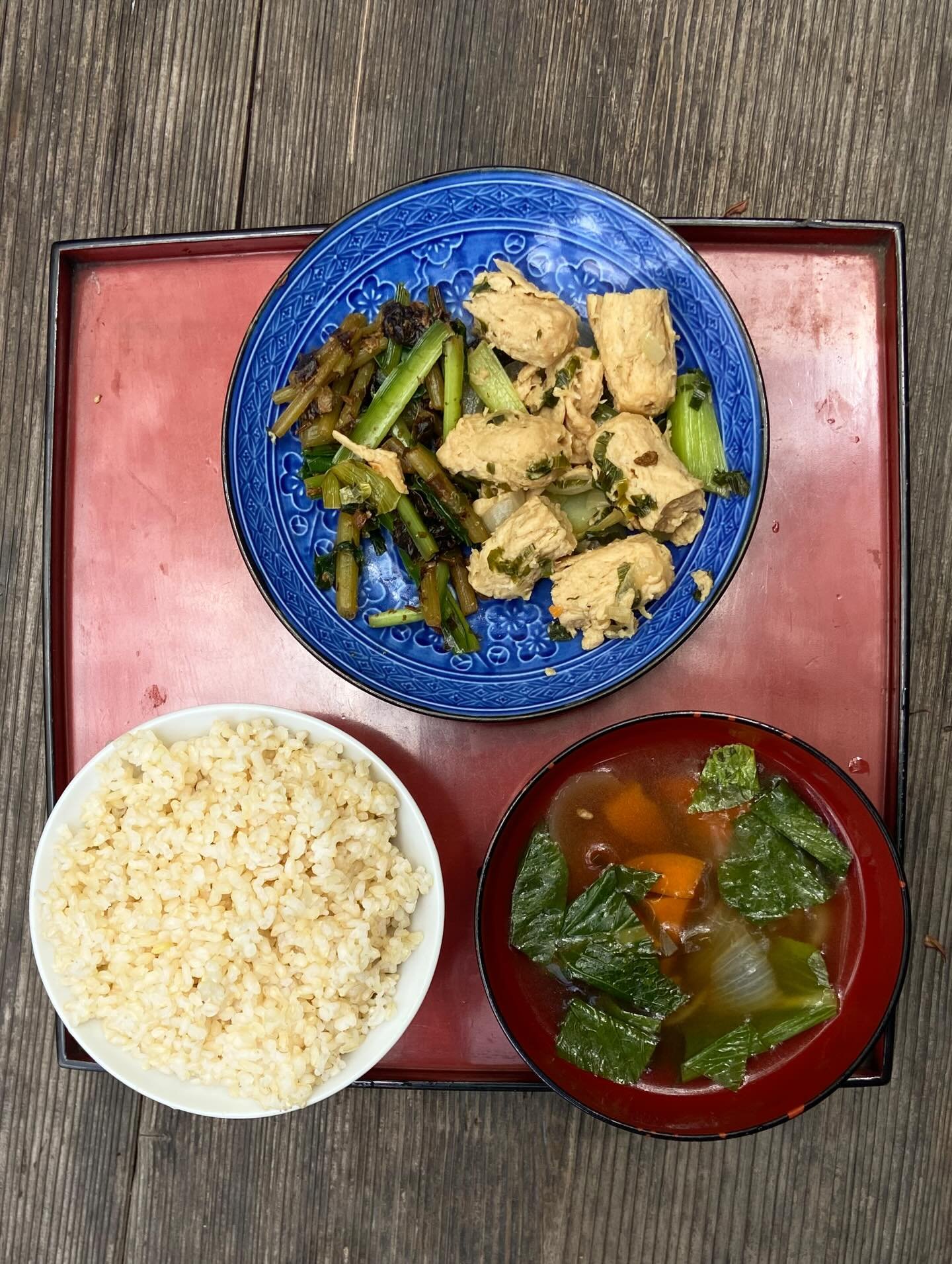 4月27日（月）

今日も野草が山盛り！！（写真撮り忘れました😭）

うるい、フキは下処理してからごま油で炒め、醤油粕と海苔と和えて美味しいサラダに✨
フキの香りがごま油にとっても合う。

無臭にんにくは エンドウ豆ミート、玉ねぎ、人参、小松菜と炒め物にしたら絶品でした🥺💛

_____

今日の献立
✴︎フキとウルイの海苔サラダ
✴︎エンドウ豆ミートのにんにく炒め
✴︎小松菜と玉ねぎと人参のお味噌汁
✴︎羽釜ごはん

おやつ
✴︎紅八朔

_____

🌿今日ガーデンで採れたもの🌿
