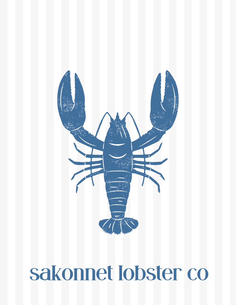 A blue and white logo of a lobster with the text 'sakonnnet lobster co' below it.