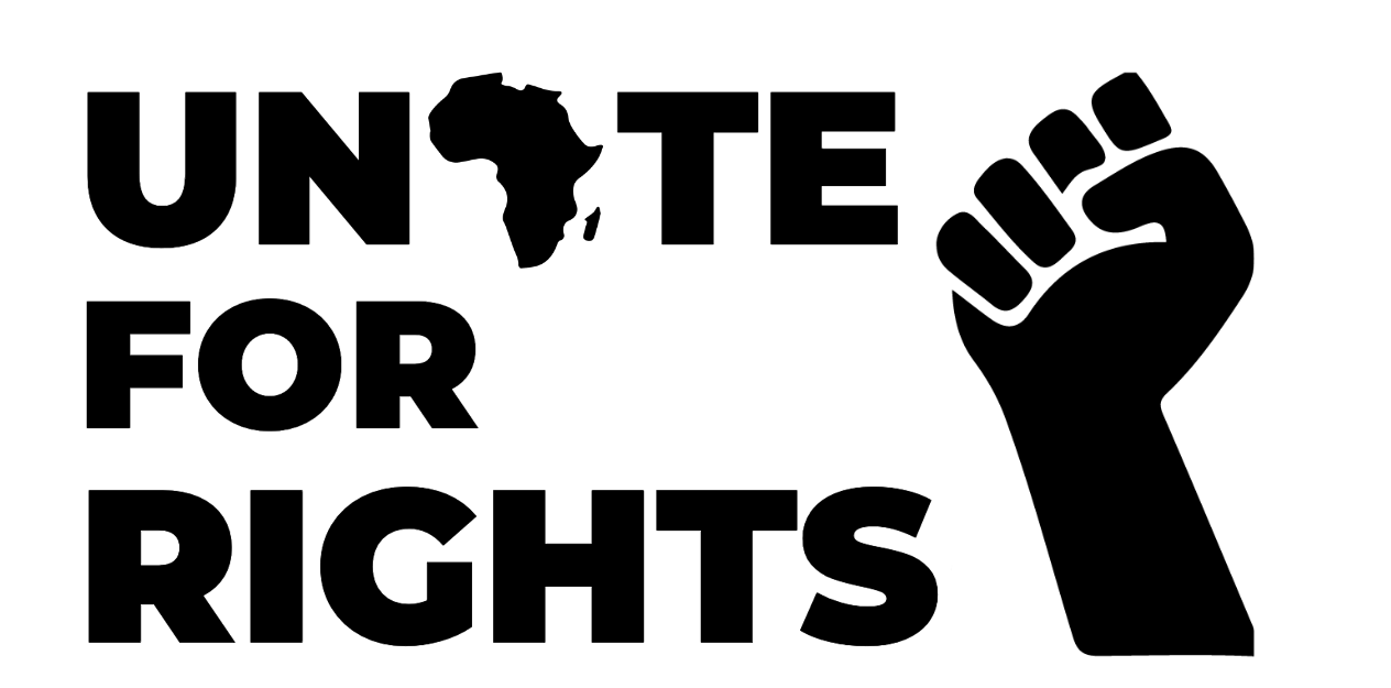 Black and white graphic with a raised fist and a map of Africa, with the words "UNITE FOR RIGHTS".