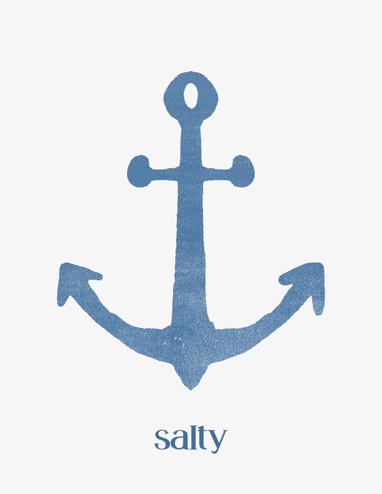 A blue anchor with the word "salty" written below it on a white background.