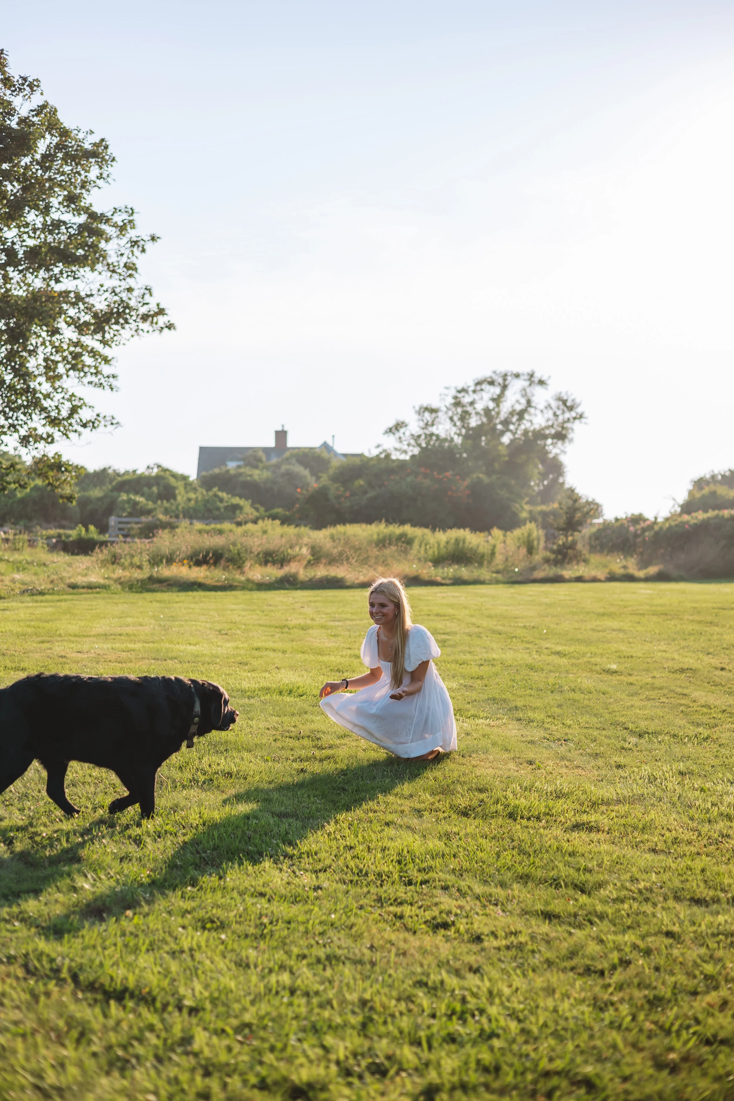 A young woman with long blonde hair wearing a white dress is smiling and playing with a black dog on a grassy field during late afternoon sunlight. The background features trees, bushes, and a house on a hill under a clear sky.