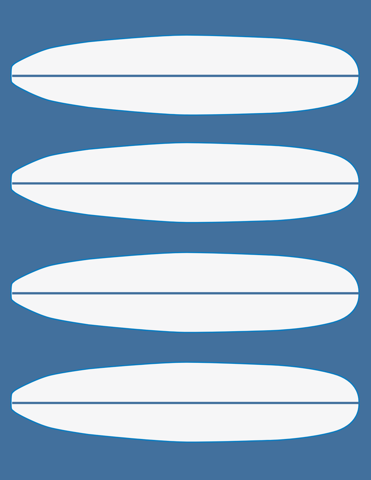 Four white surfboards with a blue outline aligned vertically on a blue background.
