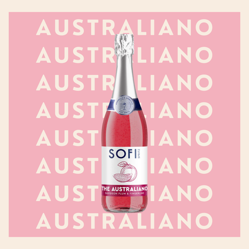 A pink bottle of SOFI sparkling wine with a silver foil top, positioned in front of a pink background with repeating white text that says 'AUSTRALIANO'
