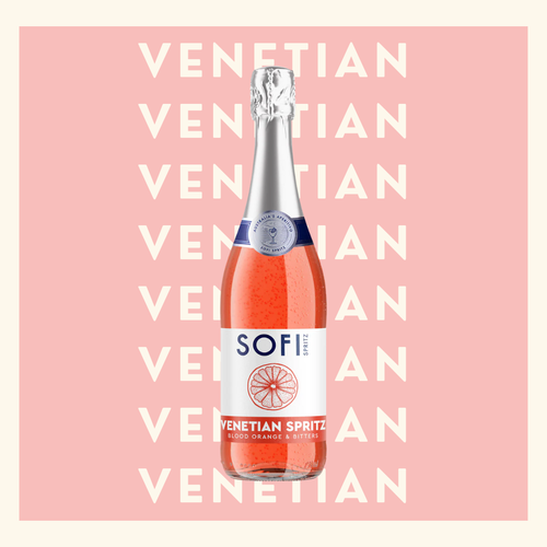 A bottle of SOFI Venetian Spritz with blood orange and bitters flavor, against a pink background with repeated 'Venetian' text.