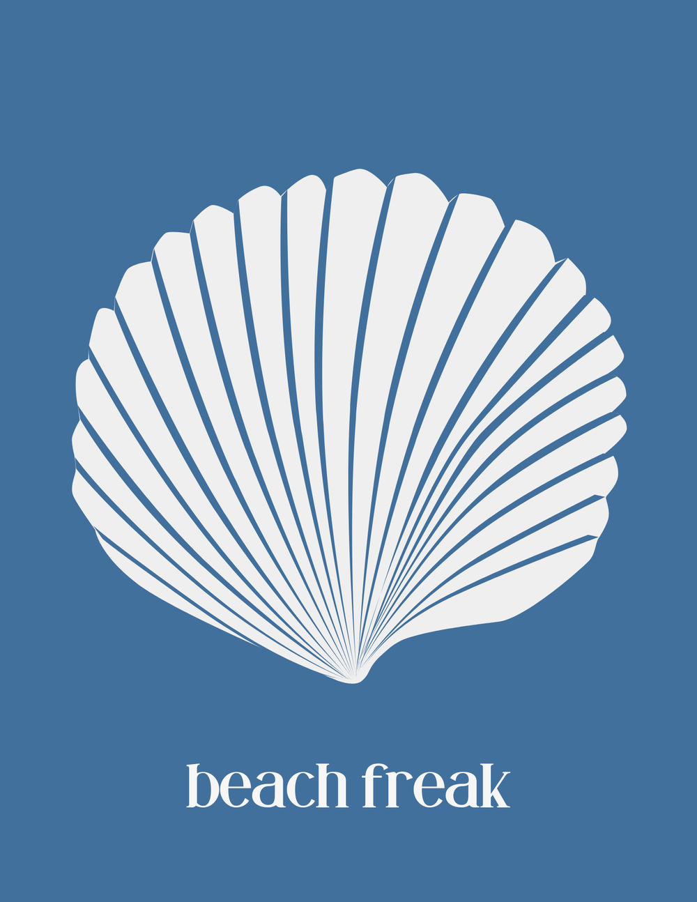 A graphic of a white seashell on a blue background with the words 'beach freak' underneath.