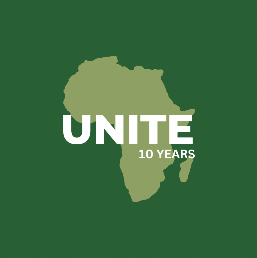 Graphic celebrating 10 years of African unity, featuring a green map of Africa with the words 'UNITE 10 YEARS' overlaid.