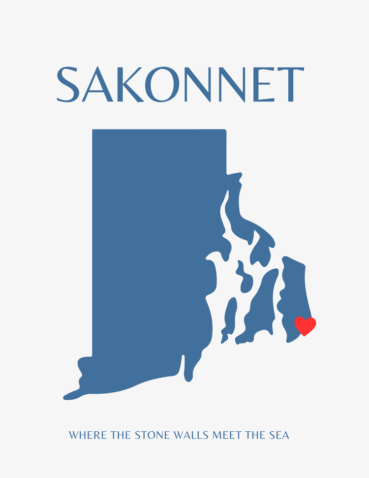 Design featuring a blue map outline of the state of Rhode Island with a red heart symbol near its southeastern coast, the word 'SAKONNET' at the top, and the phrase 'WHERE THE STONE WALLS MEET THE SEA' at the bottom.
