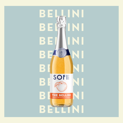 A bottle of SOFI sparkling wine with a Bellini flavor, featuring a white peach and ginger label, against a light blue background with repeated 'BELLINI' text.