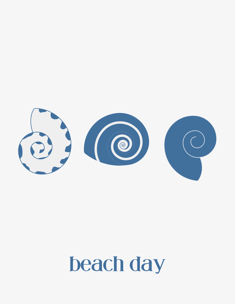 Three stylized spiral shells in blue shades with the text 'beach day' beneath.