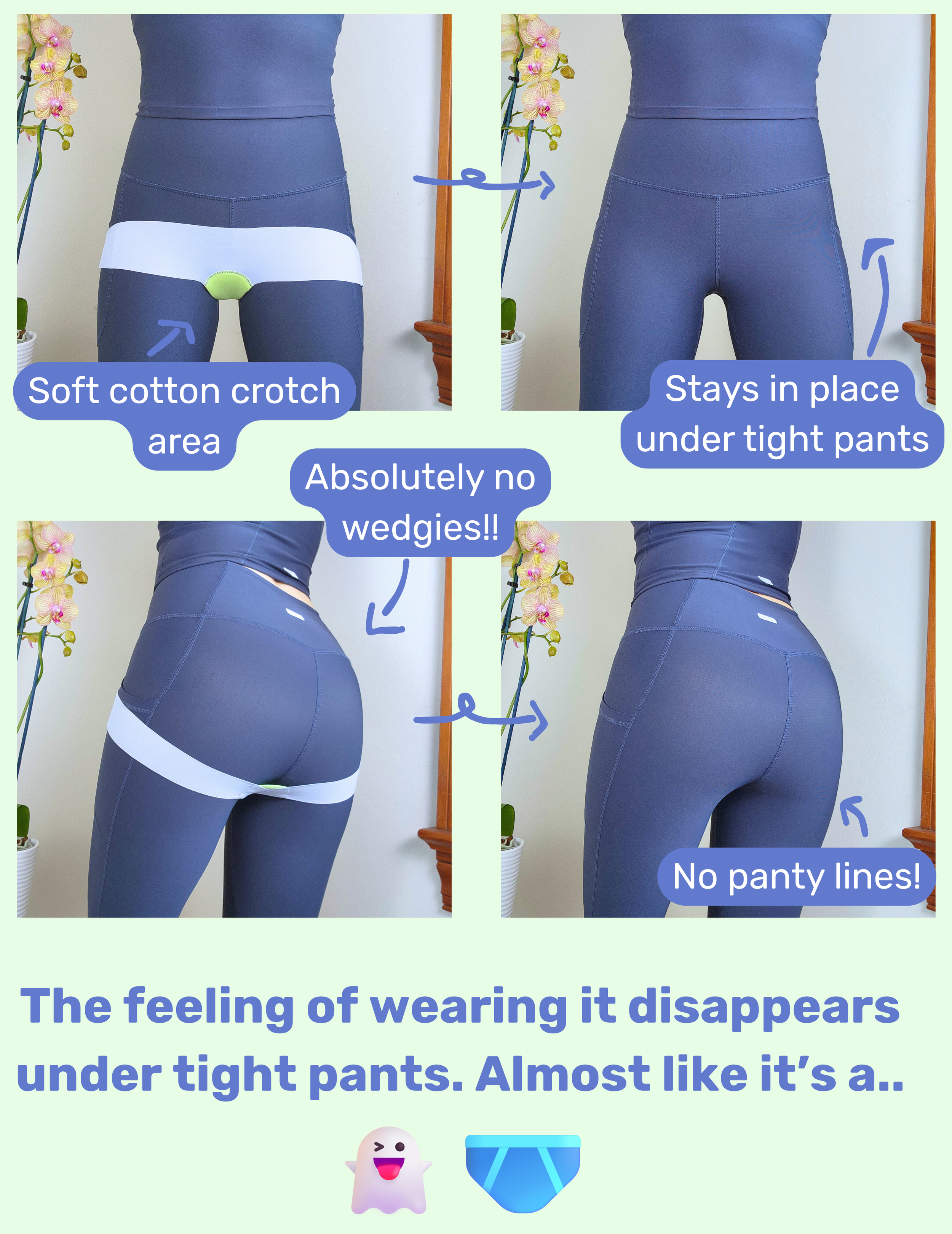 A person wearing tight blue leggings with no panty lines, showing the transition from wearing a white cotton crotch area with no wedgies to wearing the leggings without wedgies or panty lines, illustrating how the feeling of wearing tight pants can disappear.
