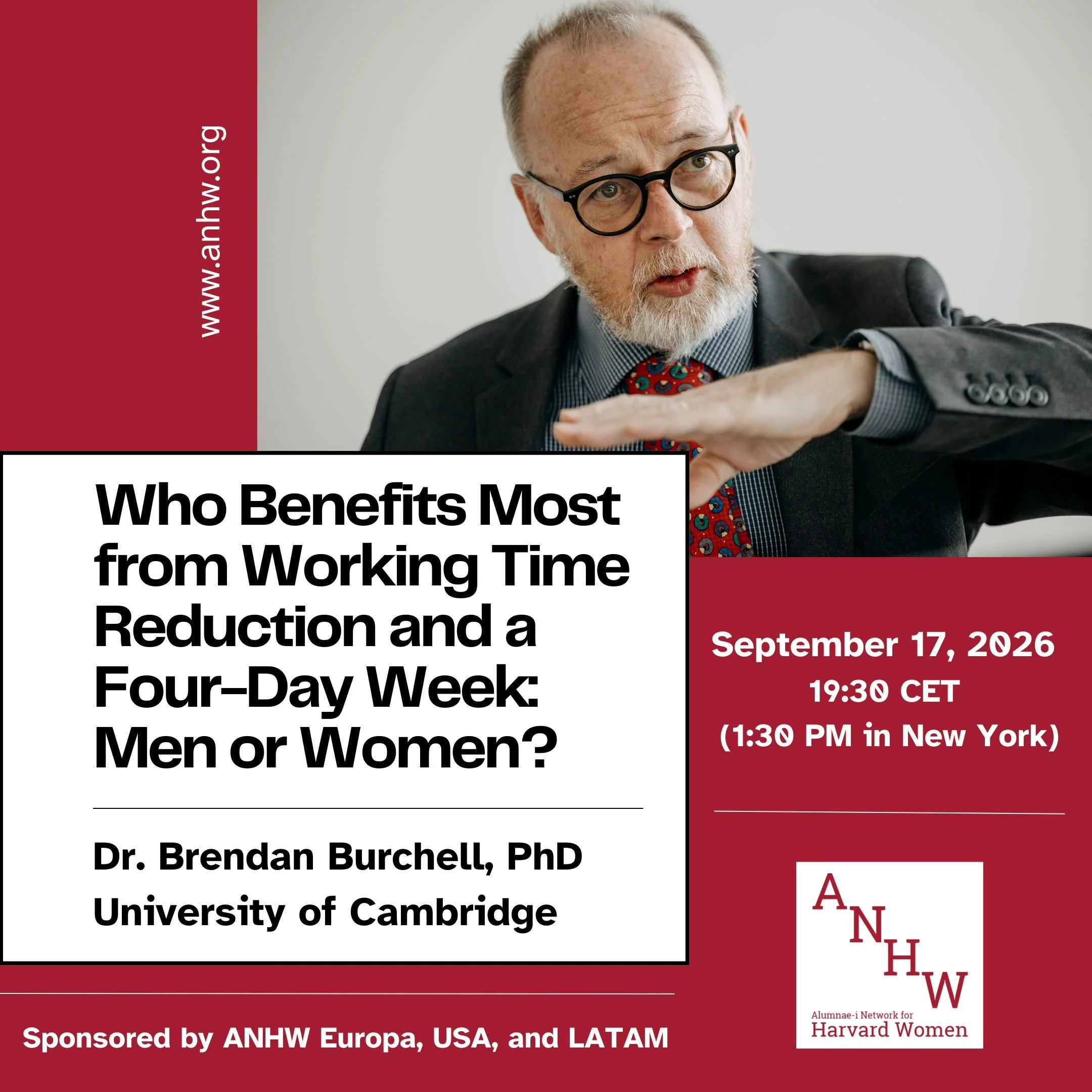 Headshot of Dr. Brendan Burchell from the University of Cambridge against a black background. A text box reads "Who Benefits Most from Working Time Reduction and a Four-Day Week: Men or Women?", Doctor Brendan Burchell, PhD, University of Cambridge.