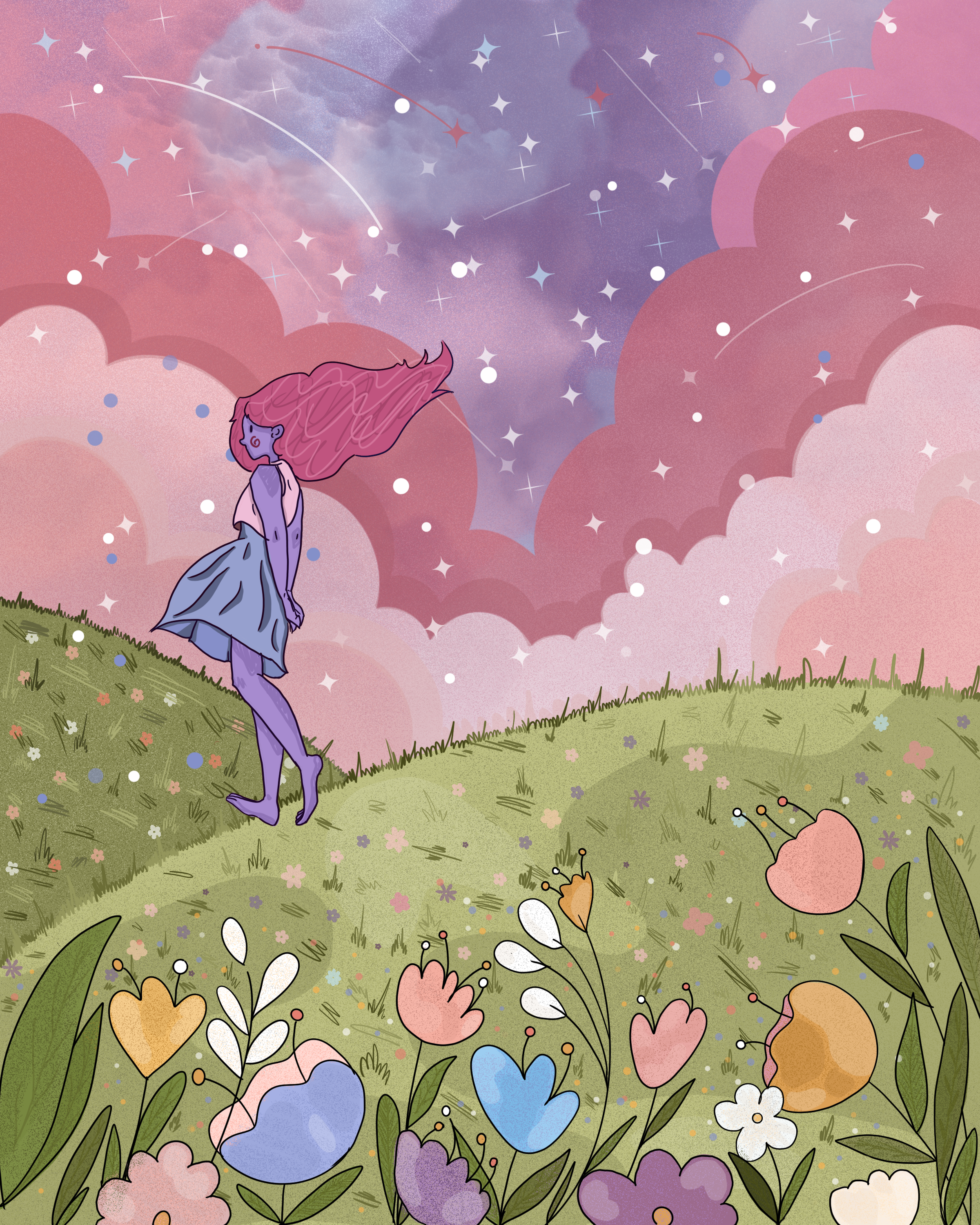 A whimsical illustration of a purple-skinned girl with long pink hair walking on a grassy hilltop adorned with colorful flowers. The background features a dreamy sky with pink and purple clouds, twinkling stars, and shooting stars.