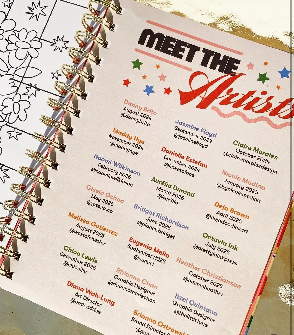A spiral-bound notebook page titled 'Meet the Artists' listing names, roles, and social media handles of multiple artists for August to December 2024, with colorful star decorations.