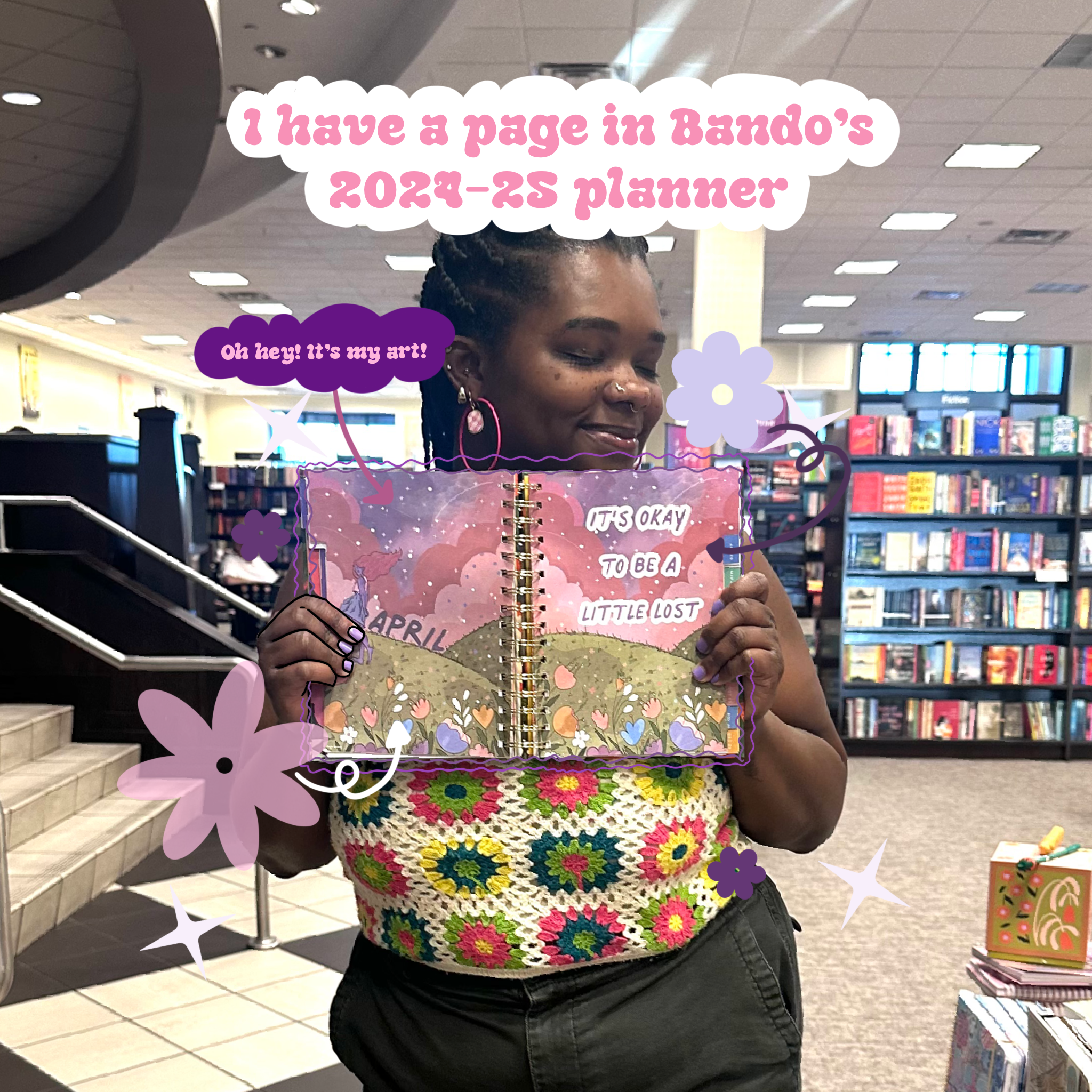 A woman holding a colorful planner with pastel illustrations, standing in a bookstore, with added doodles and text overlay about her planner.