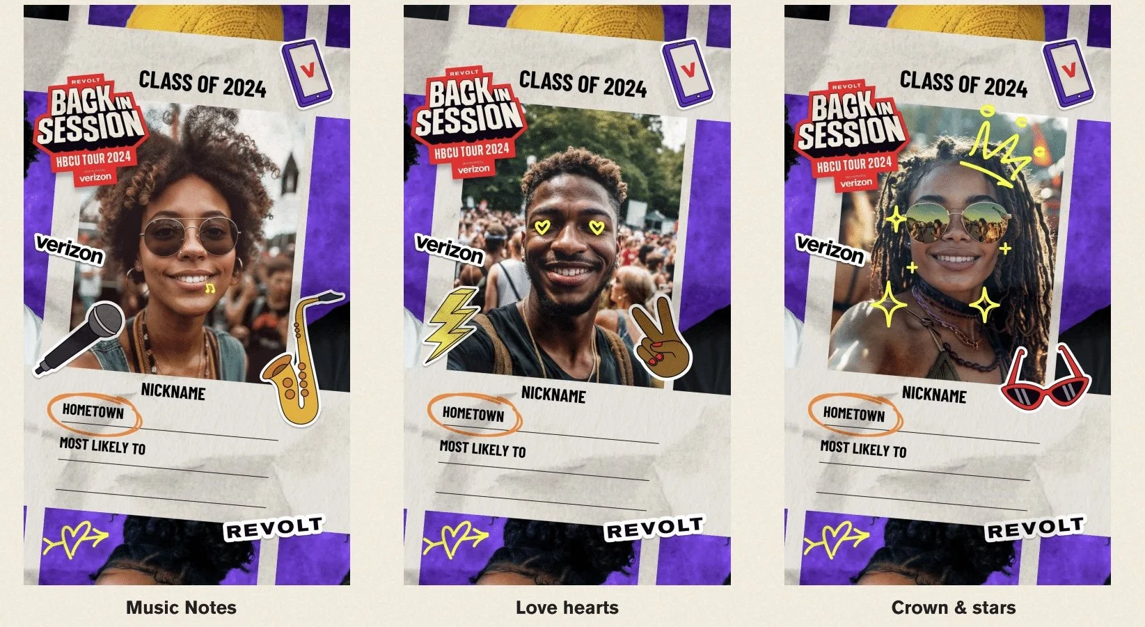 Three digital photos of people with colorful stickers on festival-style event tickets, with text indicating a back-to-school event. Each ticket has a photo of a person with stickers and doodles including a microphone, saxophone, lightning bolt, peace