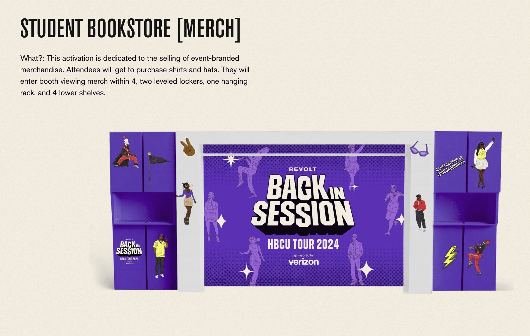 Purple merchandise display with illustrations of diverse people, promoting the 'Back in Session' HBCU Tour 2024 sponsored by Verizon, including lockers and shelves.