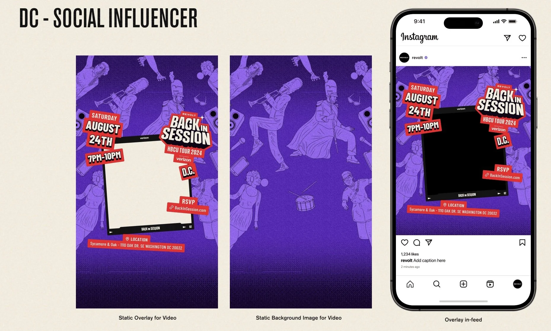 A promotional flyer for a music event titled 'Back in Session' on August 24th from 7 PM to 10 PM, at Sycamore & Oak, Washington, DC. The flyer has a purple background with illustrations of musicians playing instruments. It shows a mobile phone displa