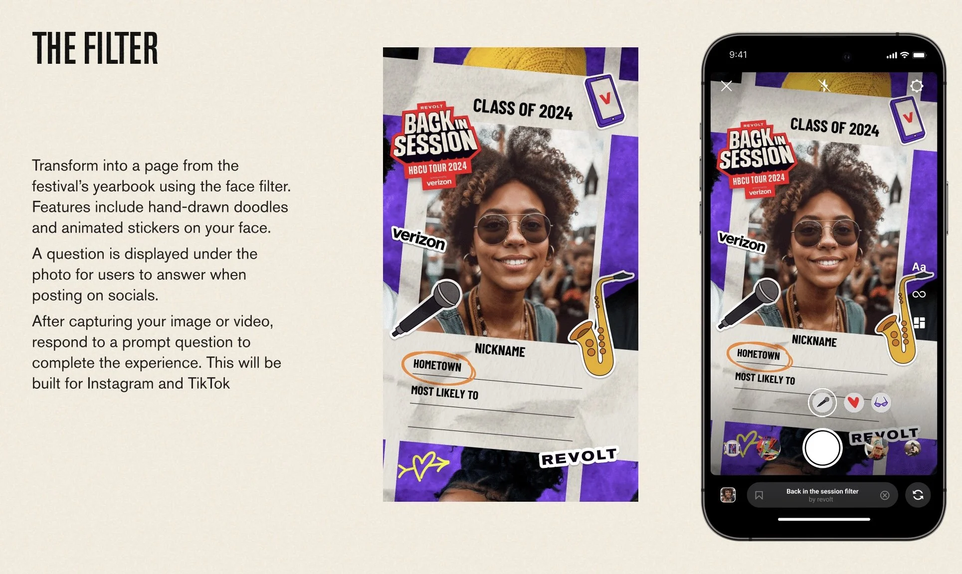 Sample photo of a young woman with curly hair and sunglasses, with filter stickers for a festival, including a microphone, saxophone, and the words 'Back in Session' and 'HBCU Tour 2024.' The photo is displayed on a smartphone screen with editing opt