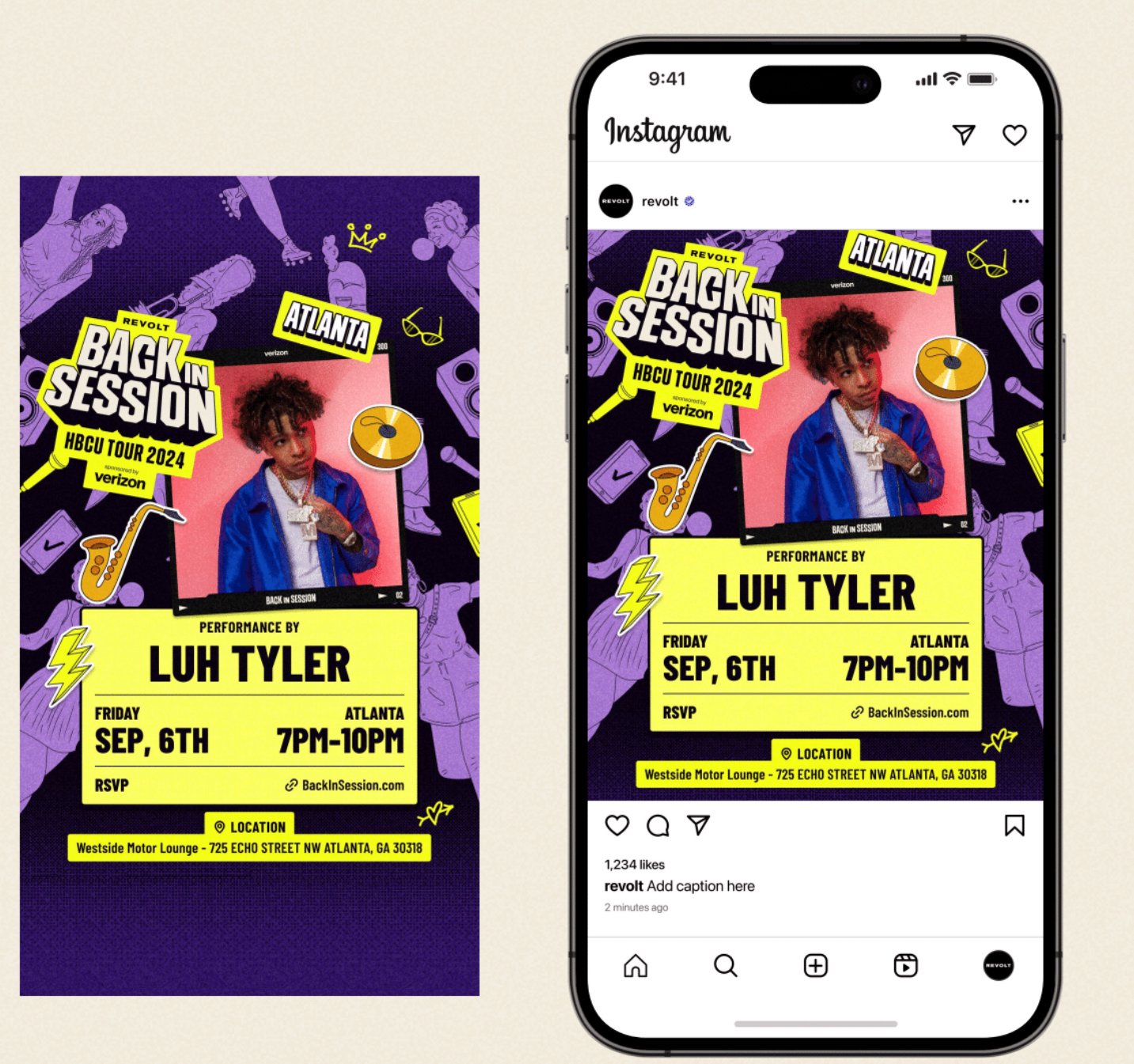 Instagram post promoting LUH TYLER's performance at the Back in Session HBCU Tour 2024 in Atlanta, scheduled for September 6th from 7 pm to 10 pm, with location details and RSVP link.