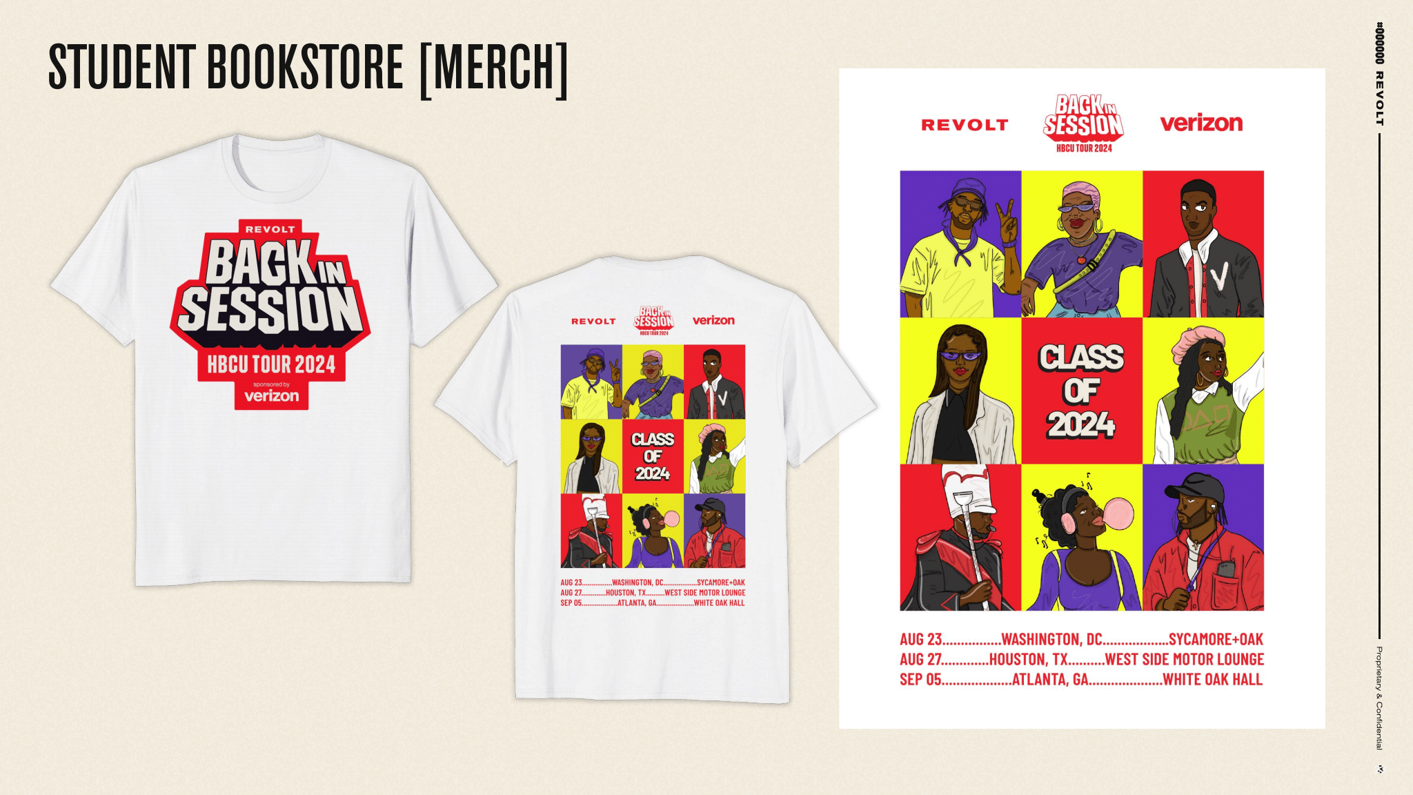 White T-shirt with a bold red, black, and white graphic design for the Revolt Back in Session HBCU Tour 2024, sponsored by Verizon. The back of the T-shirt features a colorful poster with stylized illustrations of six diverse students, a red box with