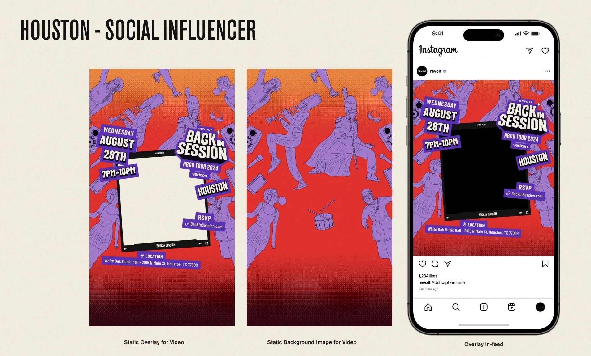 Event poster for a Houston social influencer's Back in Session HBCU Tour 2024, featuring a red background with purple illustrations of various figures and objects, and text indicating the event date, time, location, and RSVP information.