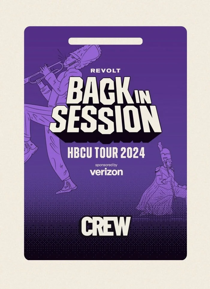 Purple background concert ticket for 'Revolt Back in Session HBCU Tour 2024,' sponsored by Verizon, with illustrations of two musicians, one playing trumpet and the other with a microphone.