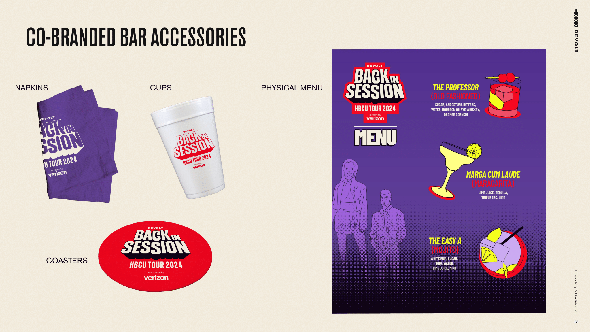 A collection of co-branded bar accessories including purple napkins, a white cup, a red oval coaster, and a virtual menu on the right side showing drink options like a red cocktail, a yellow margarita, and a purple mojito with their ingredients.