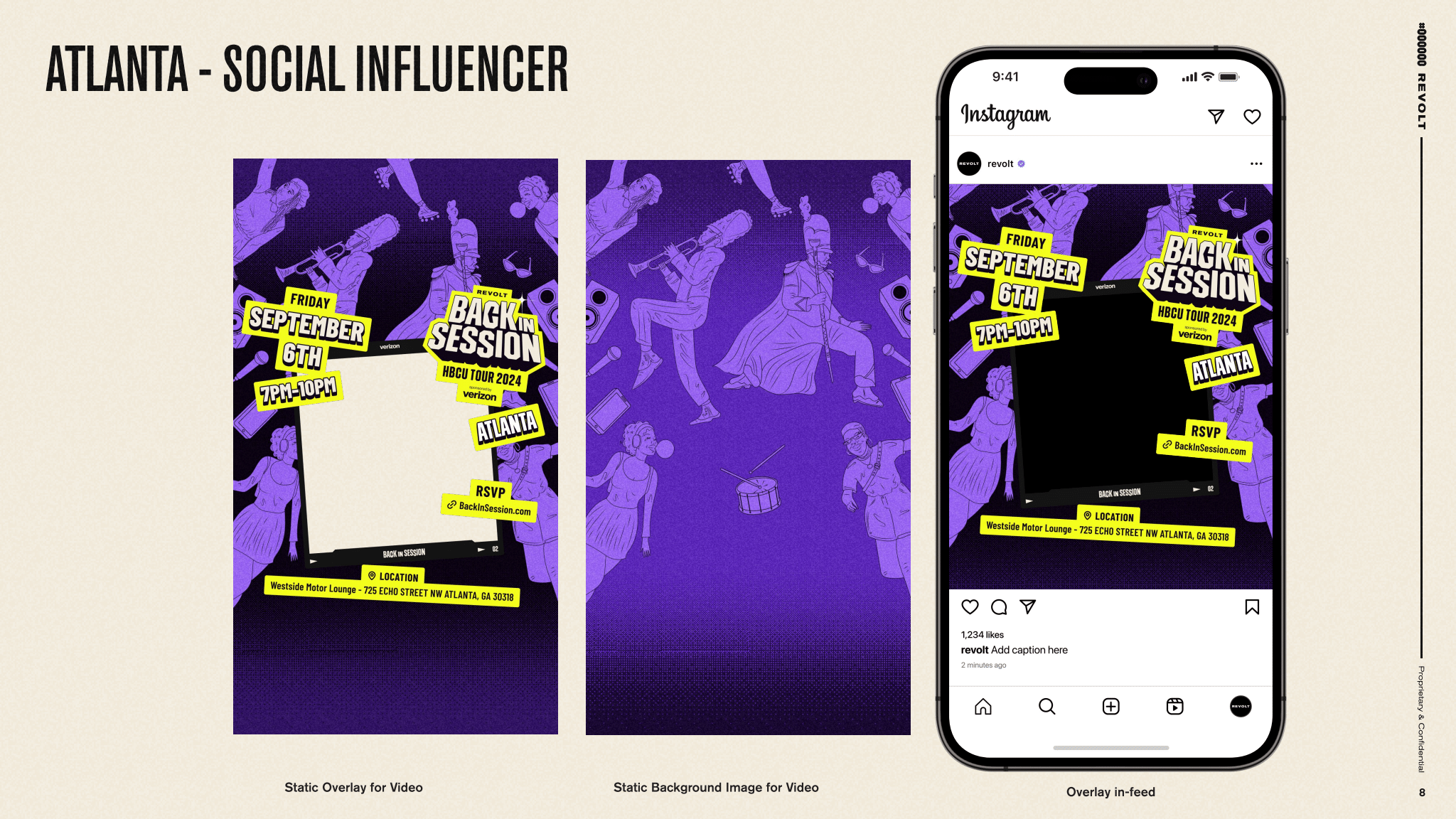 Graphic design promoting an event called Back In Session for Atlanta, highlighting a date of September 6th from 7 PM to 10 PM at Westside Motor Lounge, with a background of purple illustrations of musicians and dancers. It features a mobile phone moc