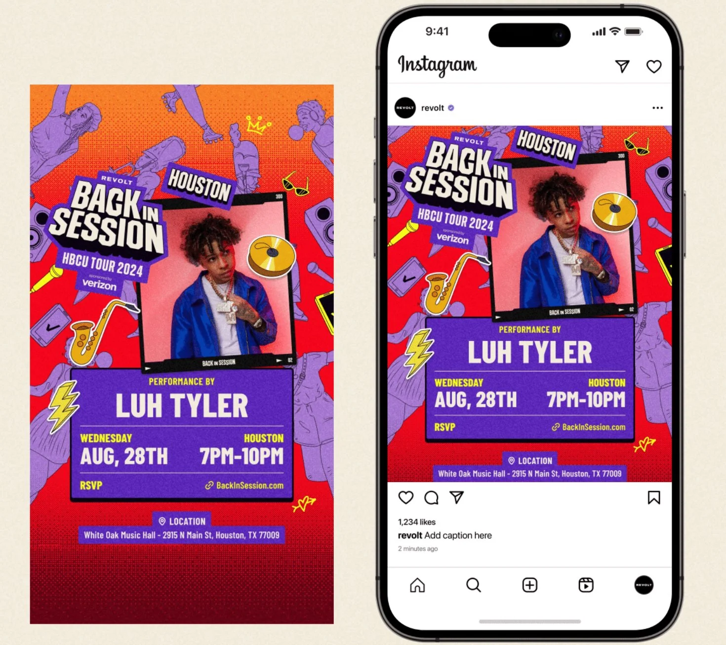 Flyer and digital version of an Instagram post promoting a music event for LUH TYLER titled "Back in Session" in Houston, part of the HBCU Tour 2024 sponsored by Verizon. The event is scheduled for Wednesday, August 28th, from 7 PM to 10 PM at White 