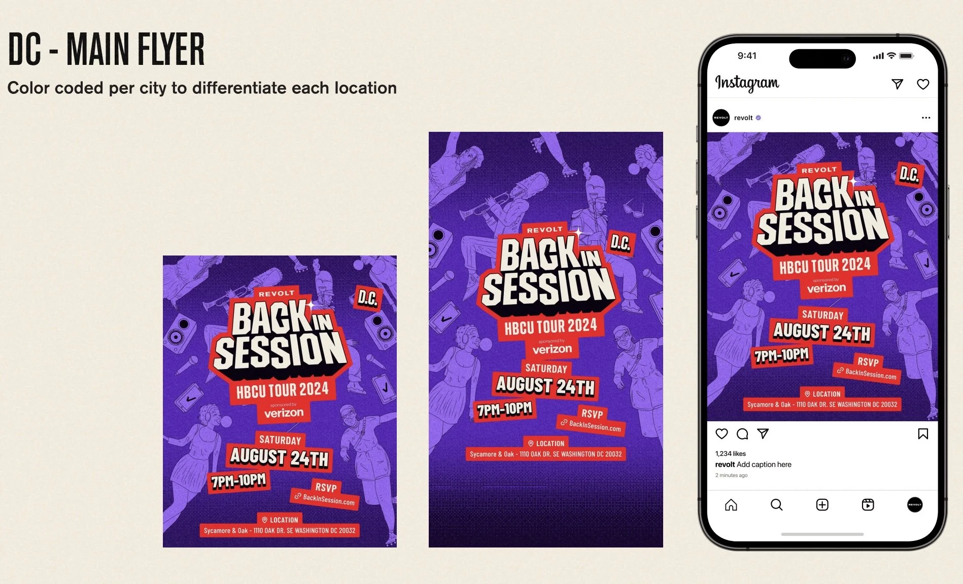 Color-coded event flyer with purple background featuring illustrated musicians and speakers, promoting 'Revolt Back in Session' HBCU Tour 2024 on August 24th from 7 to 10 pm at Sycamore & Oak, Washington DC, sponsored by Verizon, with RSVP and locati