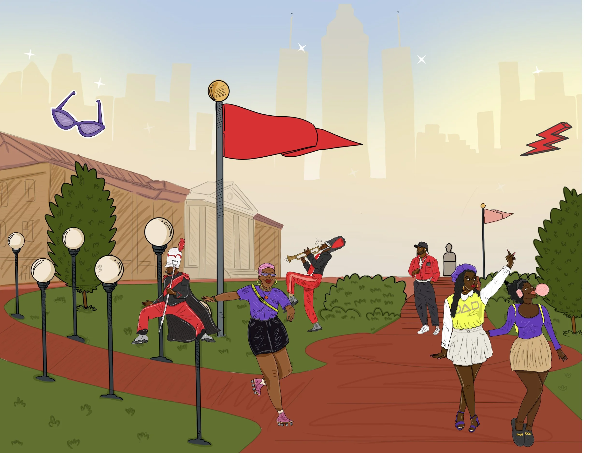 Illustration of diverse young adults socializing in a city park, some dancing, a saxophonist playing, a person sitting on light poles, and others standing and chatting, with city buildings in the background and a red flag on a flagpole.
