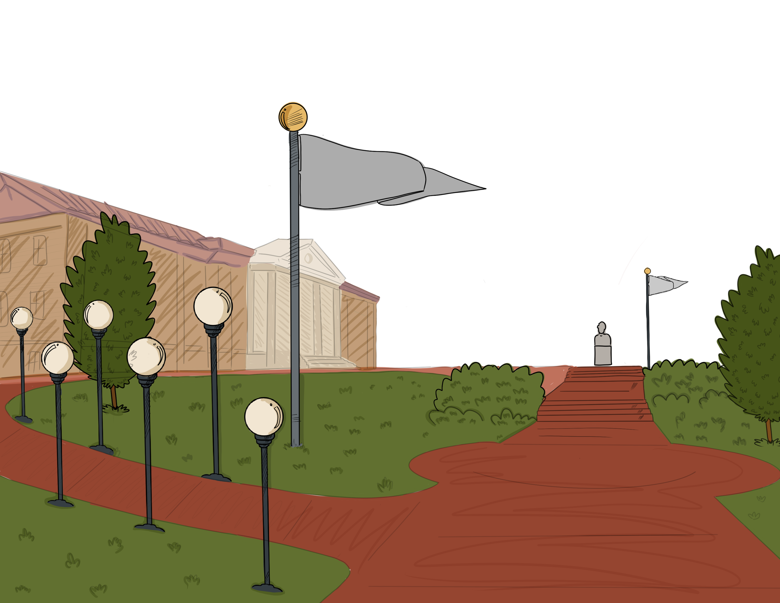 Illustration of a university campus with a prominent building, flagpoles with flags, lamp posts, trees, bushes, and a red brick pathway leading up to the building.
