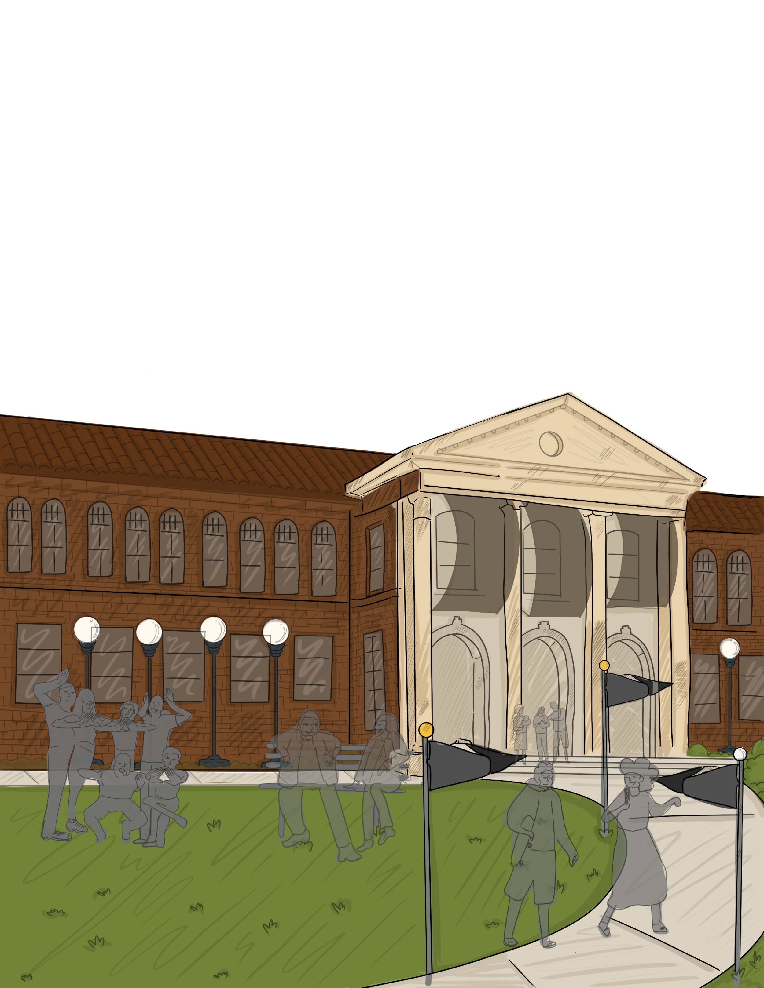 A digital illustration of a school building with large windows and a classical portico entrance, surrounded by a grassy area with children playing and adults walking, some faintly visible in the foreground, under late evening or night sky with street