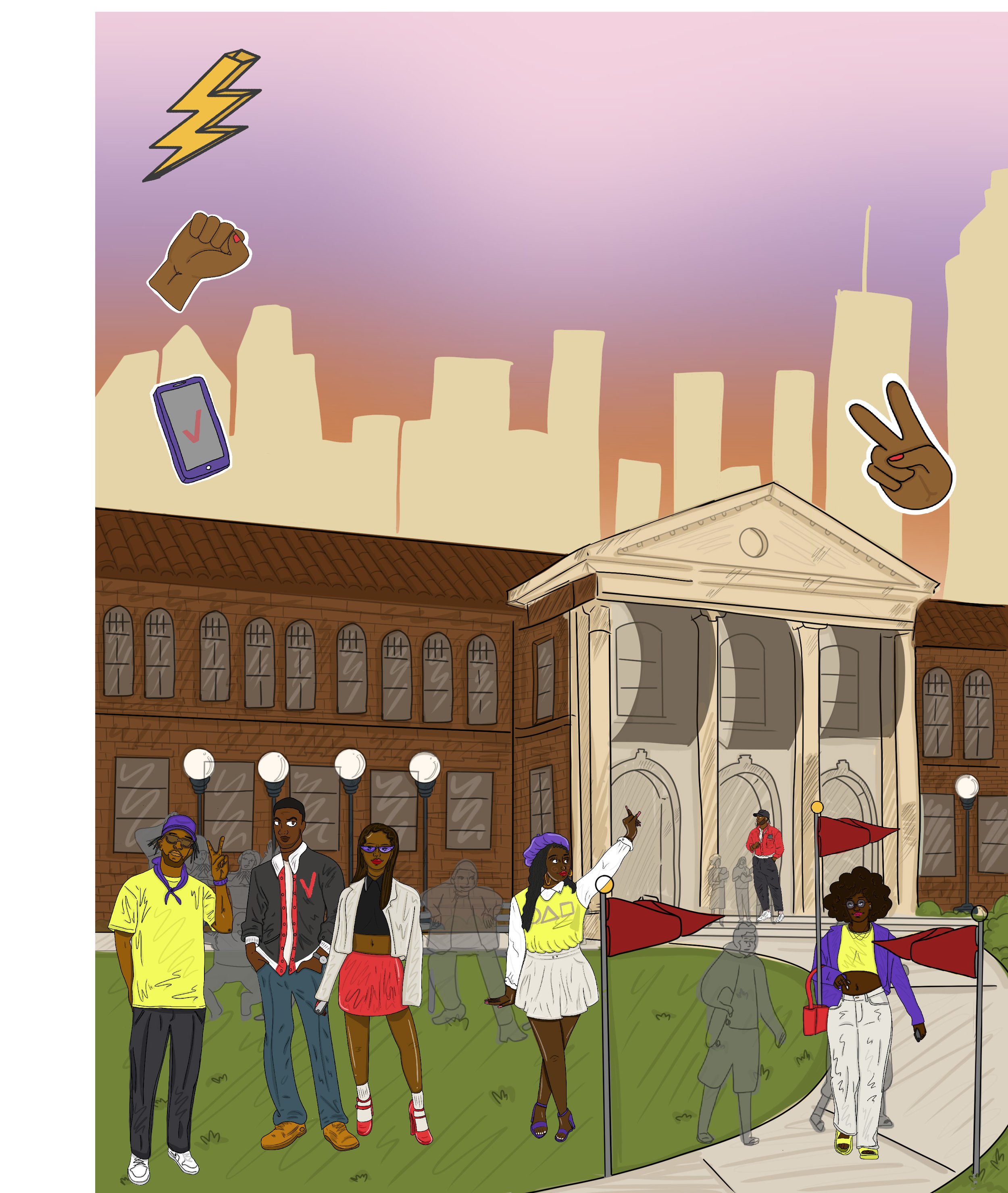 Illustration of diverse young people gathered outside a historic building with a city skyline in the background during sunset. The scene includes floating emojis: a lightning bolt, a raised fist, a smartphone with a checkmark, and a peace sign.