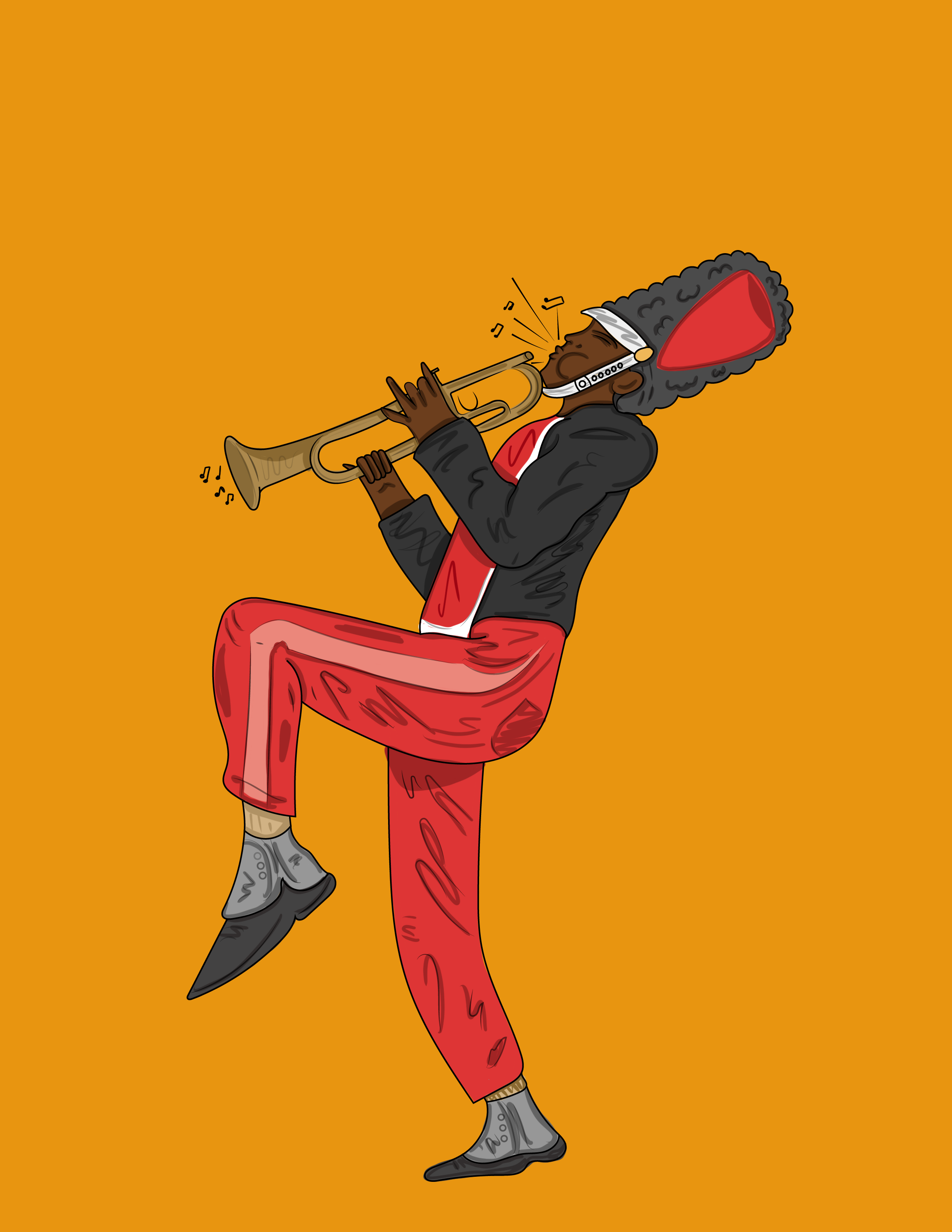 A person with curly hair playing a trumpet, wearing a black jacket, red pants, gray shoes, and a red and black cap, against an orange background.
