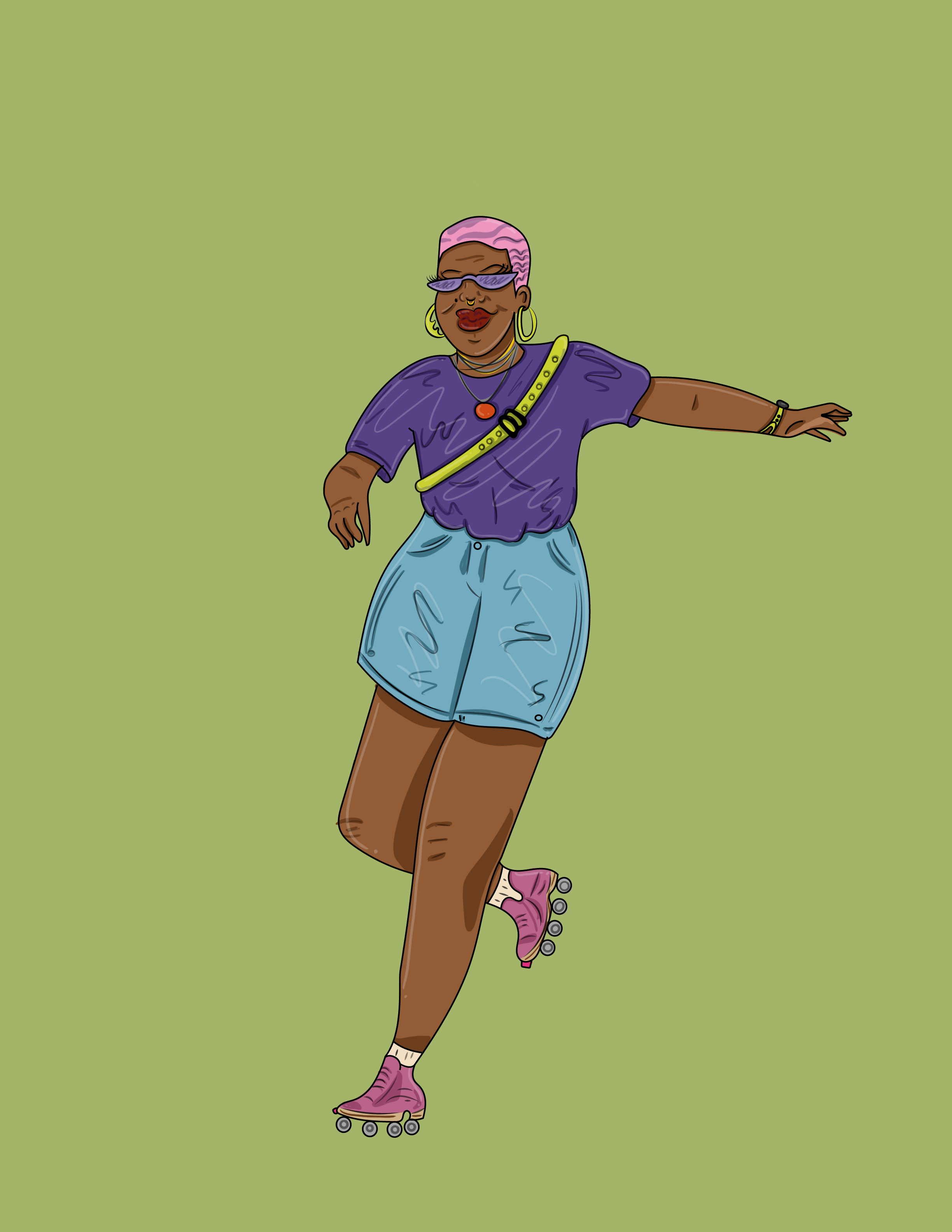 A woman roller skating with a joyful expression, wearing sunglasses, a purple top, denim shorts, pink roller skates, and colorful accessories, against a green background.