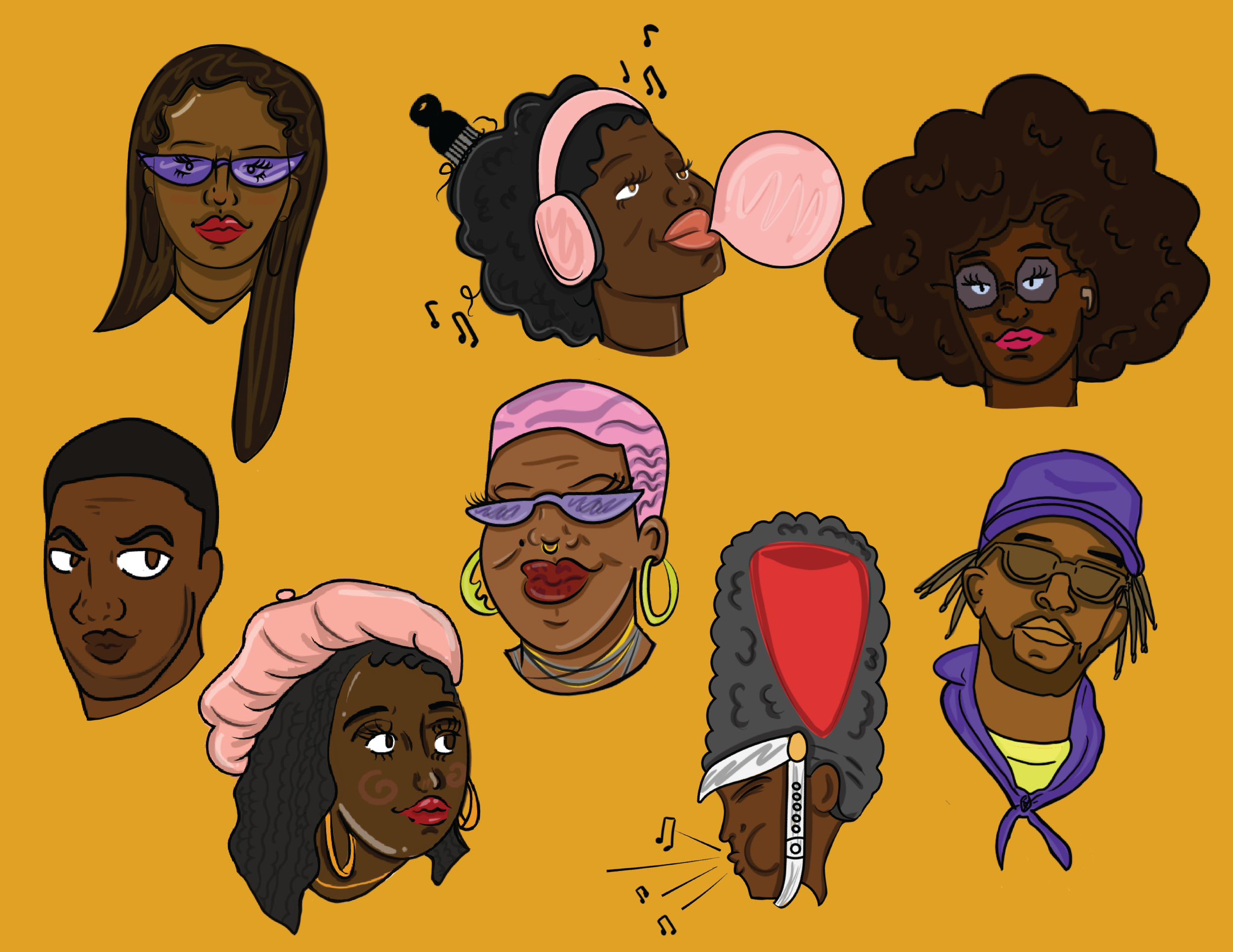 Collection of stylized digital illustrations of diverse Black individuals with different hairstyles and accessories, set against a mustard yellow background.