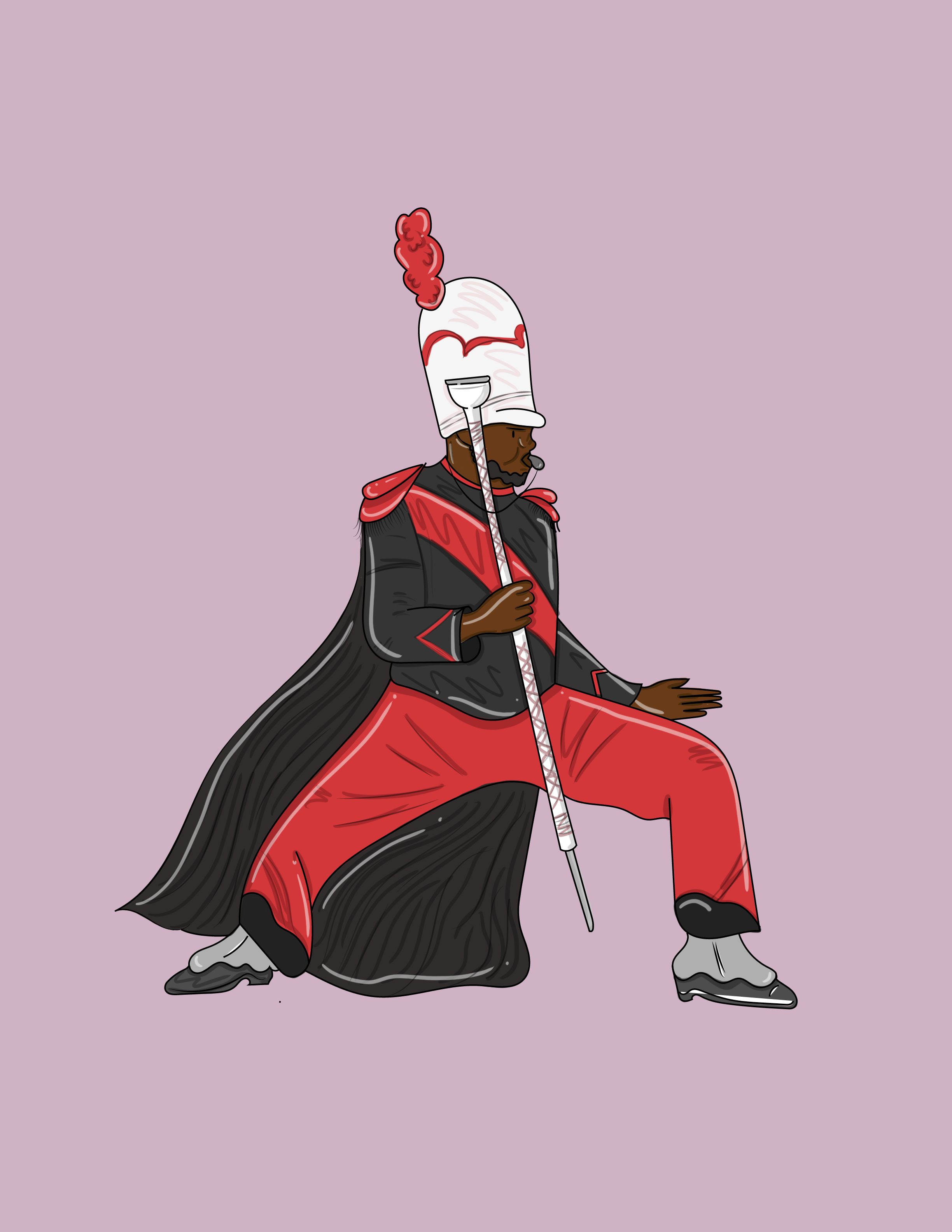 A person dressed as a royal guard in a dramatic pose with one knee on the ground, wearing a tall white hat with red plume, black and red uniform, gray shoes, and holding a spear.
