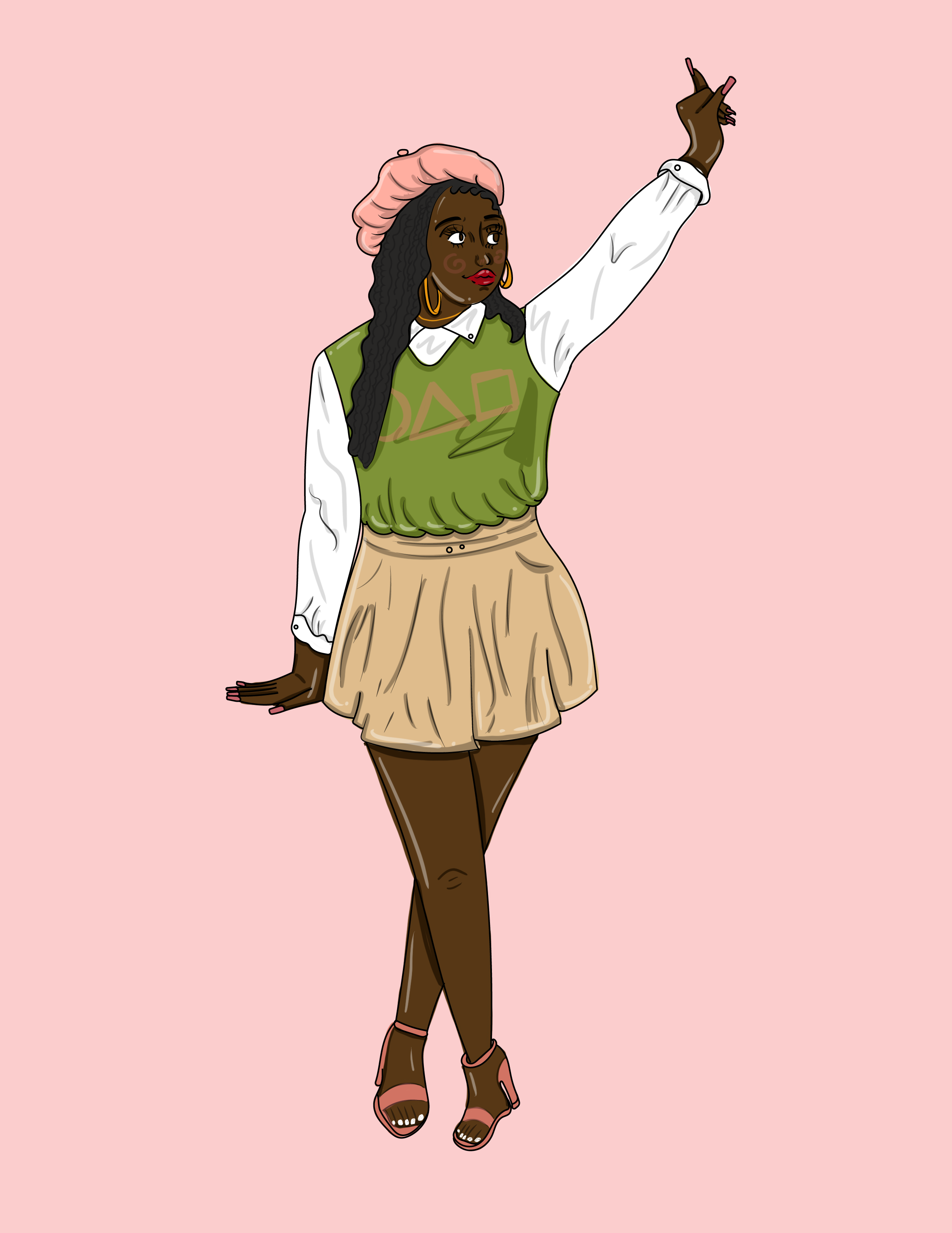 A digital illustration of a woman with dark skin and long black curly hair, wearing a pink beret, gold hoop earrings, a white blouse with puffed sleeves, a green vest with Greek letters, beige shorts, and pink high-heeled sandals, standing against a 