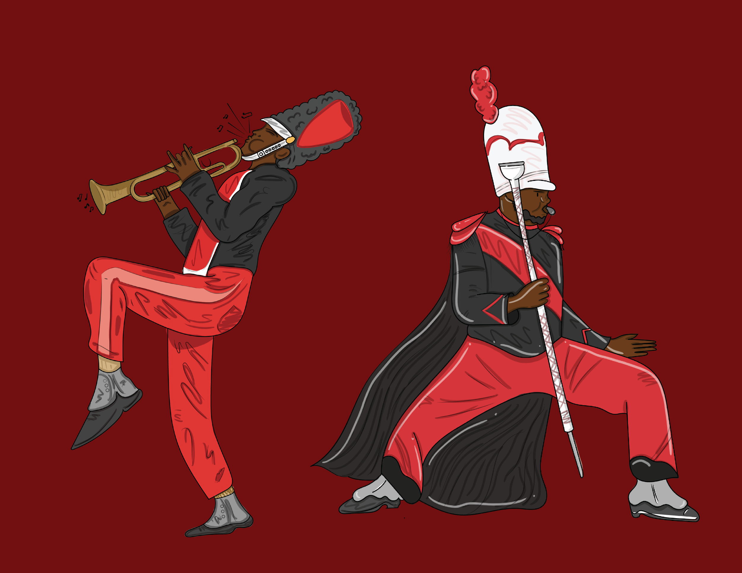 Illustration of two men dressed in red and black, one playing a trumpet with eyes closed, the other holding a baton or staff with a tall white hat, against a red background.
