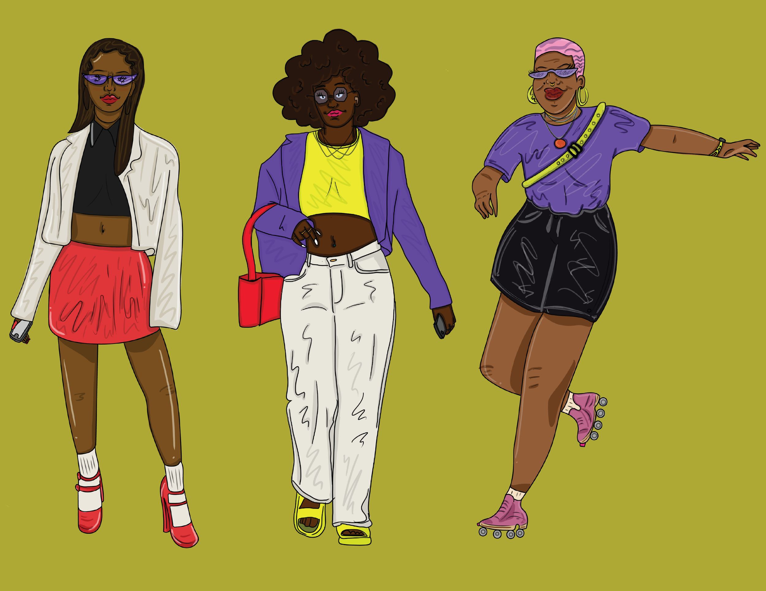 Illustration of three women dressed in colorful, retro 80s or 90s style outfits, one in a blazer and skirt, one in a purple jacket with white pants, and the third in a purple top with black shorts and roller skates.