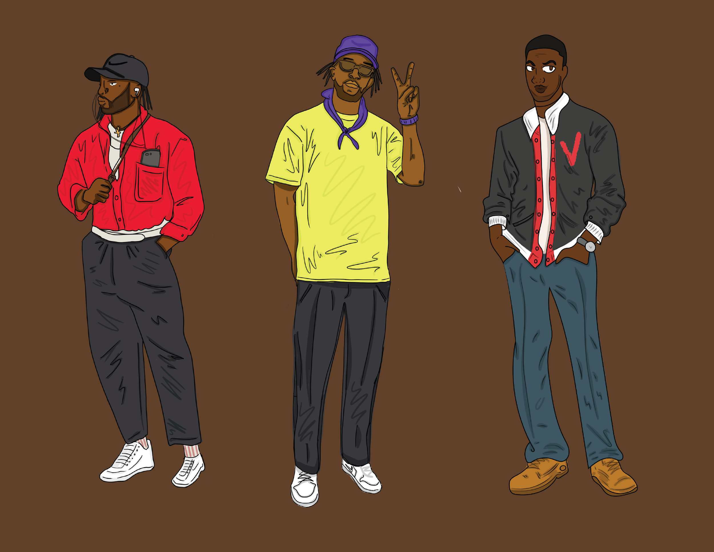 Illustration of three stylish young men standing against a brown background, each with a different fashion style and pose.