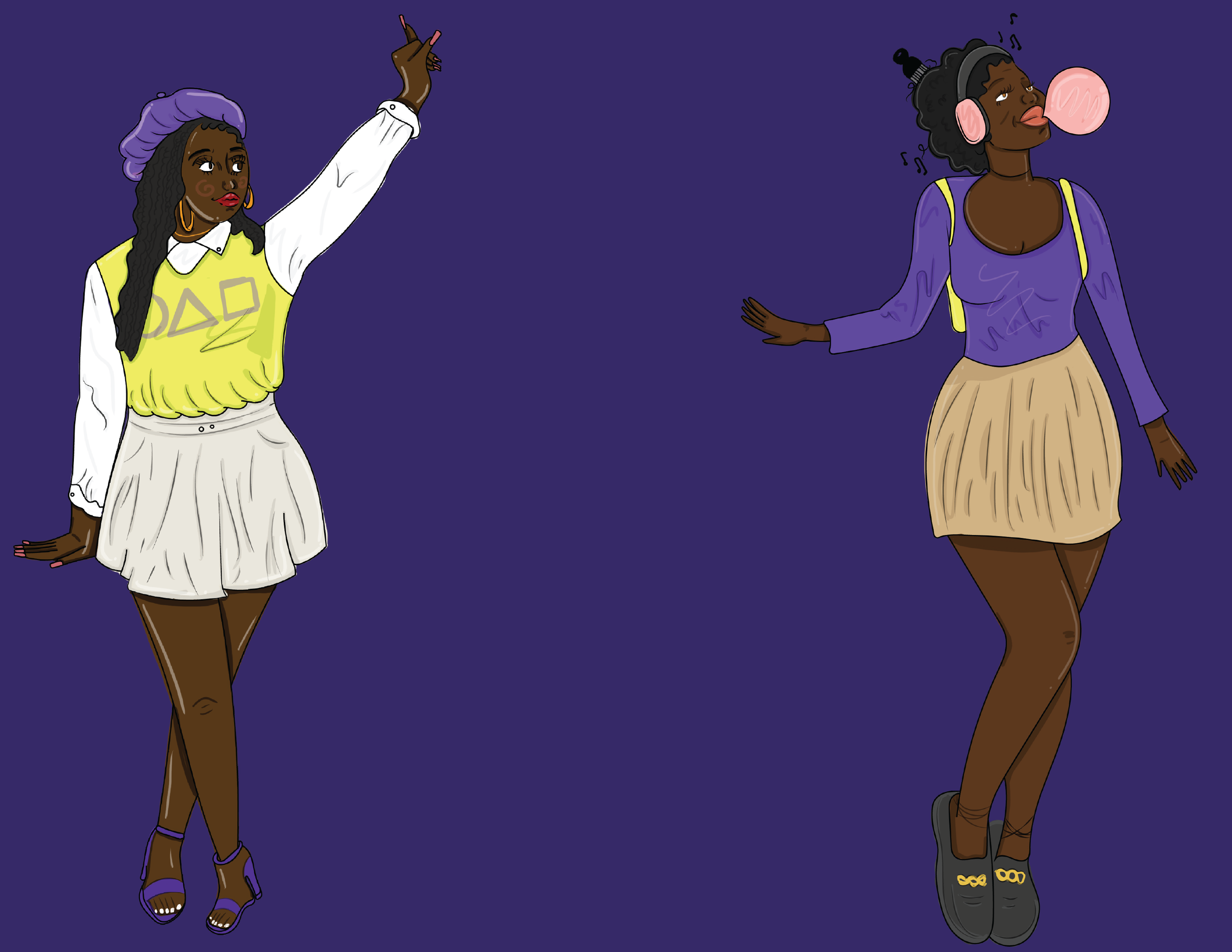 Illustration of two women with dark skin and curly hair. The woman on the left is wearing a purple beret, yellow vest with Greek letters, white blouse, white skirt, and purple sandals, pointing upward. The woman on the right is wearing headphones, a 